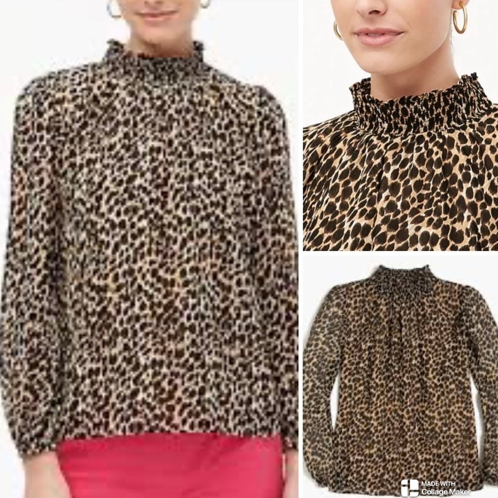 J. Crew Leopard Print mock Neck puff sleeve Blouse